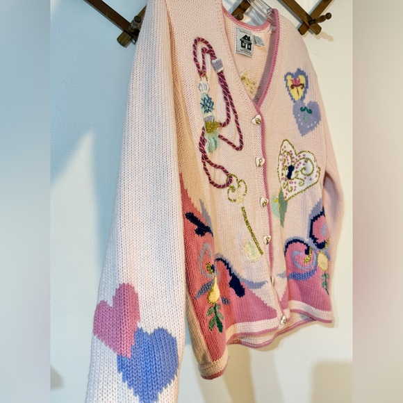 Storybook Knits Key To Love V Neck Cardigan Sweaters small Embroidered Pink - Picture 7 of 9